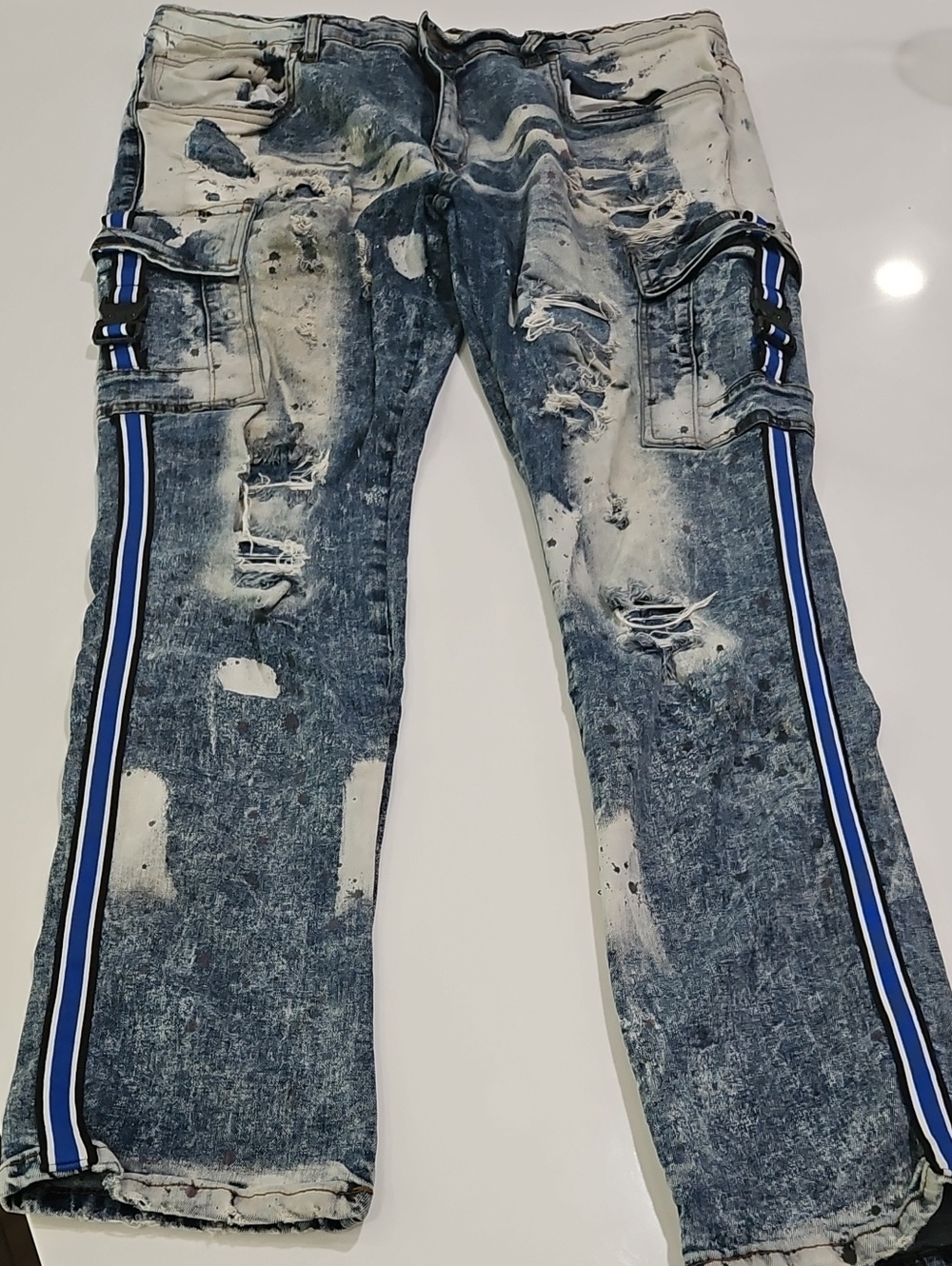 Men's Distressed Blue Stripe Trim Jeans Sz 38/32. Fwrd Denim
